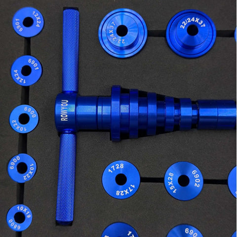 Pro Grade Bike Bearing Press Kit With 35 Adapters, Headset Press Tool, aluminum finish, detailed parts in foam case