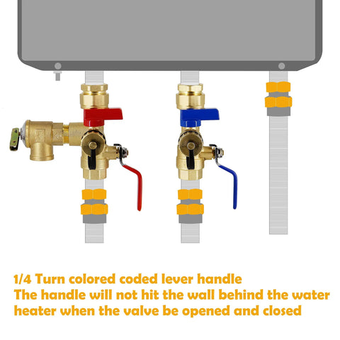 3/4 Inch IPS Tankless Water Heater Isolation Kit Easy Install With Pressure Relief Valve Brass Construction, colored lever handles