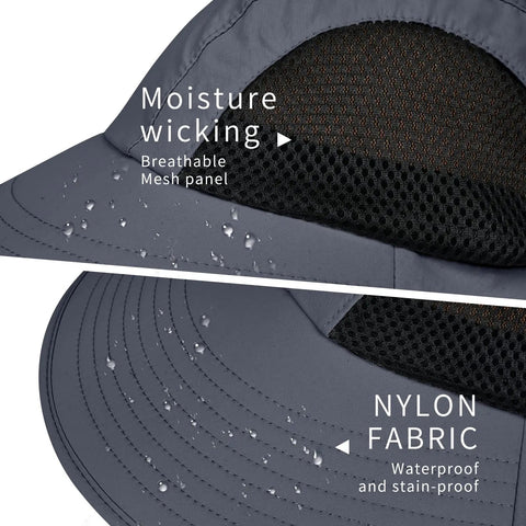 Close-up of All Day Outdoor Sun Hat With Neck Flap UPF 50 Plus UV Protection, showing moisture-wicking mesh and water-resistant nylon.