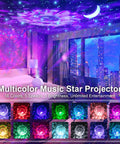 Room illuminated by 4 In 1 Galaxy Star Projector With Bluetooth Speaker Remote Voice Control And Timer 18 Lighting Effects Sky Night Light Christmas Decor For Kids And Adults