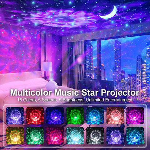 Room illuminated by 4 In 1 Galaxy Star Projector With Bluetooth Speaker Remote Voice Control And Timer 18 Lighting Effects Sky Night Light Christmas Decor For Kids And Adults