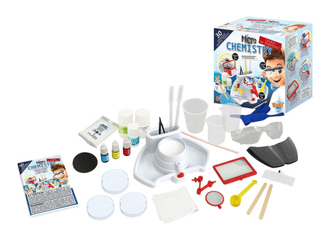 Chemistry Of The Tiny Lab Kit With Hands On Illuminated Station And 3 Clip On Magnifying Glasses For Close Up Experiments, kit parts laid out