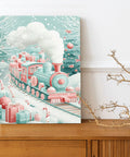 Winter Train Canvas Wall Art In Aqua Red Steam Locomotive Festive Holiday Poster Prints For Living Room And Bedroom Unframed