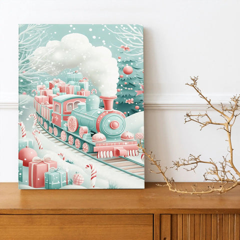Winter Train Canvas Wall Art In Aqua Red Steam Locomotive Festive Holiday Poster Prints For Living Room And Bedroom Unframed
