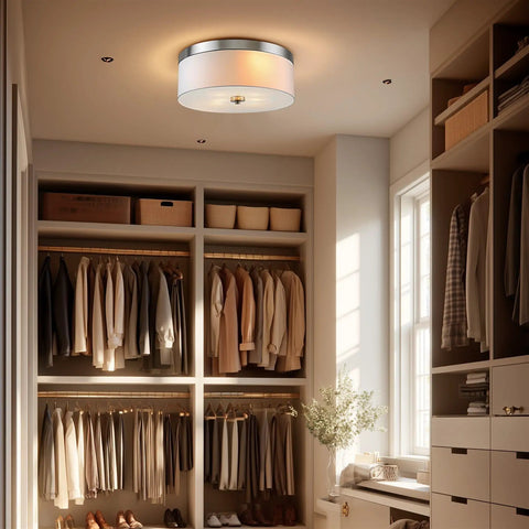 Walker 20 Inch Dope Mid Century Modern 3 Light Flush Mount Ceiling Light With White Linen Fabric Drum Shade lit in a modern closet