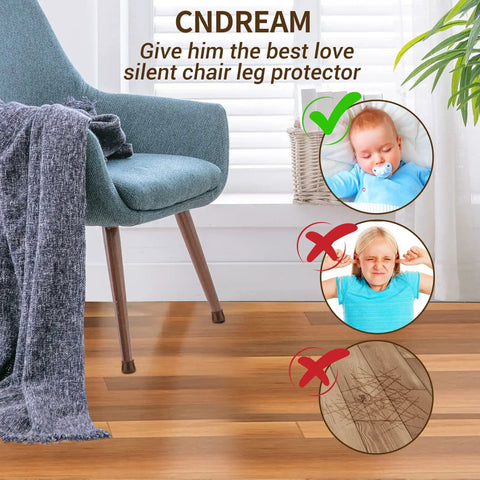Image showing a chair with 32 Piece Silicone Chair Leg Caps With Felt Pads For Hardwood Floors Protect Wood From Scratches And Noise And Help Chairs Glide Smoothly On Round Or Square Legs Fits Circumference 3.75 To 6.25 Inches Diameter 1.25 To 2 Inches Square 1 To 1.5 Inches, alongside visual representations of noise reduction and floor scratch prevention.