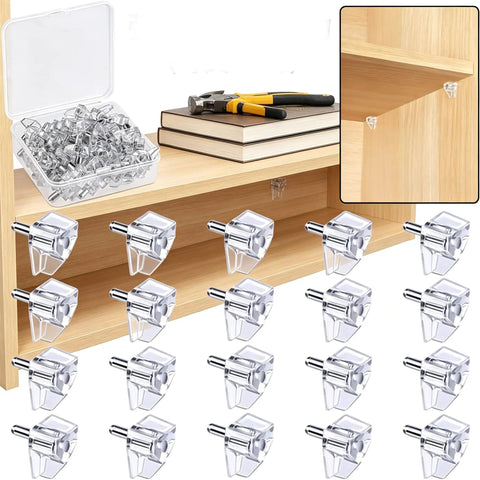 Clear 5mm Plastic Shelf Pegs 20 Pack Self Locking Clips for Kitchen Cabinets Bookshelves Closet Furniture Replacement Pins Holder Durable PVC Easy Install, Secure Grip, Great for Heavy Load Cabinets and Shelves displayed with tools and books.
