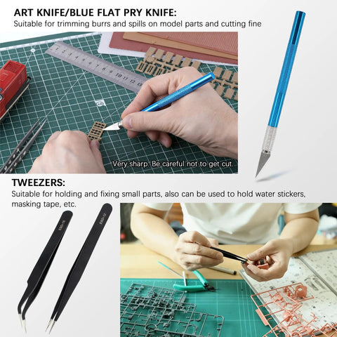 11 Piece Model Tools Kit For Hobbyists And Model Builders Pro Grade Craft Set with pliers, tweezers, blue knife in use