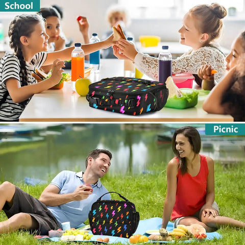 Unisex Insulated Lunch Bag With Shoulder Straps, Cool Portable Cooler Tote For Work, School, Travel And Kids, Keeps Meals Fresh With Premium Aluminum Lining, Ample Main Compartment And Side Pockets, black lightning print