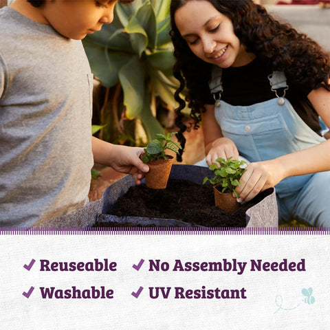 Children planting herbs in a breathable fabric raised garden bed 3 cu ft no assembly needed reusable weatherproof outdoor planter for vegetables.
