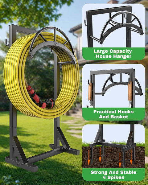 Sturdy Metal Hose Holder And Freestanding Hose Storage Rack With Two Tool Hooks For Outdoor Yards Farms And Lawns Black Finish, Easy Assembly, Keeps Hose And Tools Organized And Ready To Roll