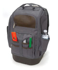 20 Inch Hard Bottom Tool Backpack Built Tough With Durable 1800D Polyester And Top Grain Leather Padded Cooling Liner And Shoulder Straps Plus Adjustable Chest Strap For Secure All Day Comfort On The Job shown with pockets containing tools and water bottle
