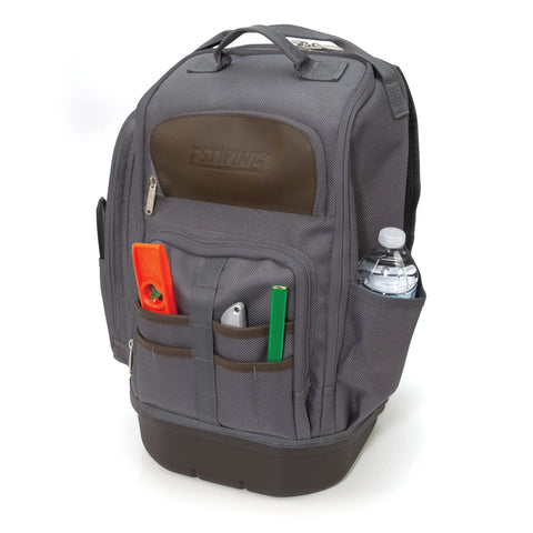 20 Inch Hard Bottom Tool Backpack Built Tough With Durable 1800D Polyester And Top Grain Leather Padded Cooling Liner And Shoulder Straps Plus Adjustable Chest Strap For Secure All Day Comfort On The Job shown with pockets containing tools and water bottle