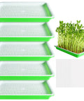 Five Pack Seed Sprouter Tray Kit With Drain Holes For Germination Propagation BPA Free Soil Free Wheatgrass Bean Sprouts Microgreens Growing Kit With 20 Pieces Planting Paper 8.8 By 5.7 Inches Each No Mess Indoor Grow Kit, showing stackable green trays and sprouts.