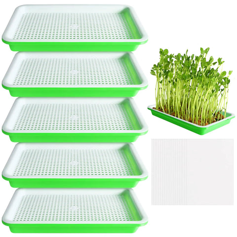 Five Pack Seed Sprouter Tray Kit With Drain Holes For Germination Propagation BPA Free Soil Free Wheatgrass Bean Sprouts Microgreens Growing Kit With 20 Pieces Planting Paper 8.8 By 5.7 Inches Each No Mess Indoor Grow Kit, showing stackable green trays and sprouts.