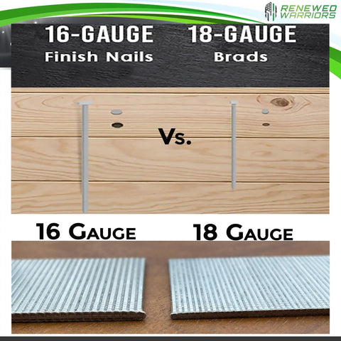Comparison of 16-gauge finish nails and 18-gauge brads on wood for Heavy Duty 18 Gauge Brad Finish Nails Half Inch Over Galvanized Pins For Nail Gun Accessories 1000 Count Steel Tough Woodworking Hardware Straight Shooting Cabinet Assembly Top Shelf.