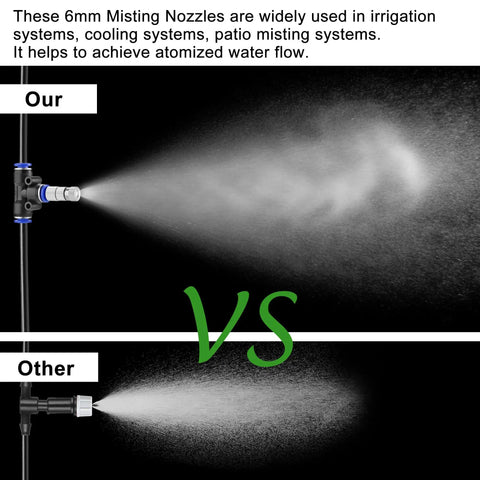 Comparison of misting effect: Brass Misting Nozzles Kit 30 Pcs With Filter Mesh 1/4 Inch Tee Fittings 0.012 Inch sprays above