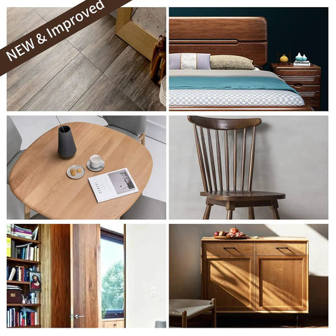 Collage of wood furniture repaired with Wood Furniture Repair Kit With 12 Color Wood Filler Pastes for fixing scratches and cracks