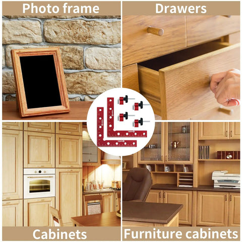 Usage scenario for 90 Degree Positioning Square Right Angle Clamps, showing photo frame, drawer, cabinets, and furniture cabinets in the image.