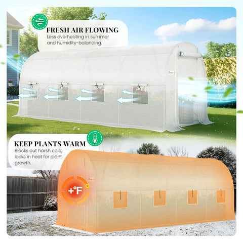 Backyard Growers Favorite 15x7x7 Ft Walk In Greenhouse With Pro Grade Heavy Duty Galvanized Steel Frame Mesh Door Screen Window Hoop Tunnel Design White Finish Includes Brass Irrigation Kit For Easy Watering