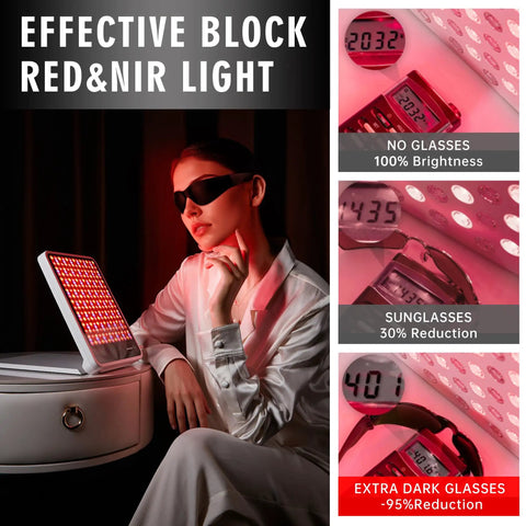 Top Shelf Red Light Therapy Glasses for Killer Eye Protection Against Tanning and Ipl Lasers, Blocks 600 to 900 Nm Rays to Save Your Peepers, Sleek Black Wraparound Style Comes with Snazzy Carry Case, Woman wearing glasses beside red light panel.