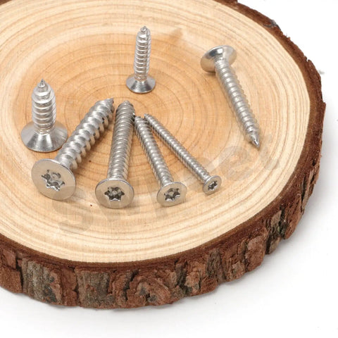 Rock Solid 170 Piece 304 Stainless Steel Screw Kit Packs 14 Sizes M3 To M6 With Tamper Proof Torx Drive and Flat Countersunk Heads on wood slice.