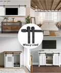 Five Foot Mini Double Door Sliding Barn Door Hardware Kit for Cabinets TV Stands and Wardrobes in various room settings