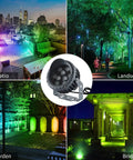 Remote Control RGBW LED Flood Light For Outdoor Vibes 96W Color Changing Garden Spotlight illuminating patio, landscape, garden, and bridge.