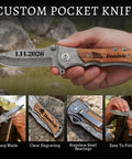 Close-up of engraved custom pocket knife for men with personalized name, premium steel blade, unique gift for husband or dad.