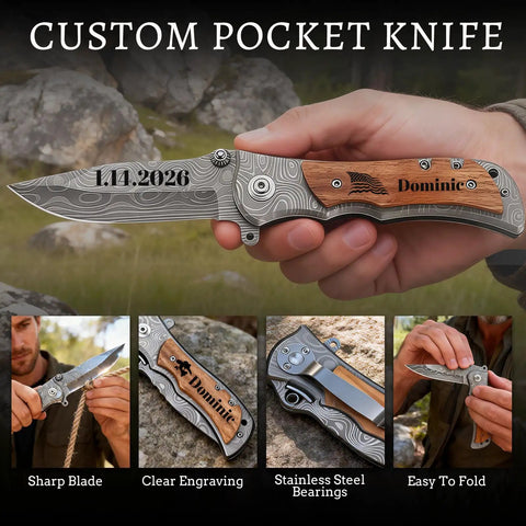 Close-up of engraved custom pocket knife for men with personalized name, premium steel blade, unique gift for husband or dad.