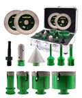 Pro Grade Tile Hole Saw Kit With Tough As Nails Diamond Core Bits And Precision Chamfer Attachments for ceramic tile and stone.