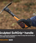 Person holding IsoCore Pickaxe Mattock With Shock Absorbing Handle Dual Head For Roots And Rocks 1.5 Lb Heavy Duty Tool