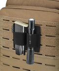 Dual Insert Pouch Elastic Holster Set attached to backpack, holding flashlight and knife, Modular Two Clip Tactical Panel, EDC Organizer.