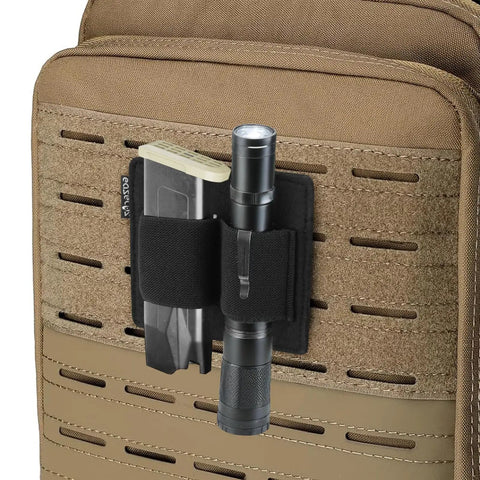 Dual Insert Pouch Elastic Holster Set attached to backpack, holding flashlight and knife, Modular Two Clip Tactical Panel, EDC Organizer.
