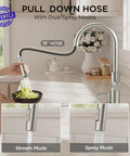 Sleek High Arc Kitchen Faucet With Pull Down Sprayer And Slick Brushed Nickel Finish; 18" hose demonstrating dual spray modes.