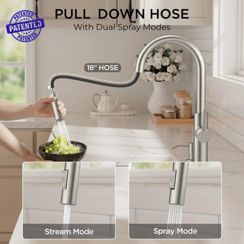Sleek High Arc Kitchen Faucet With Pull Down Sprayer And Slick Brushed Nickel Finish; 18" hose demonstrating dual spray modes.