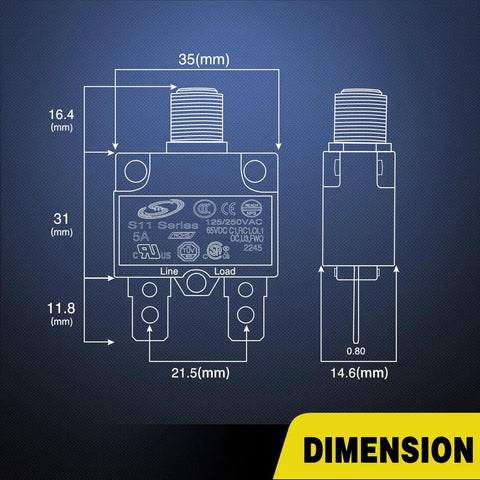 Premium 5 Pack Thermal Circuit Breaker With Auto Reset Function 5 Amp Overload Protector Switch dimensions diagram showing measurements.