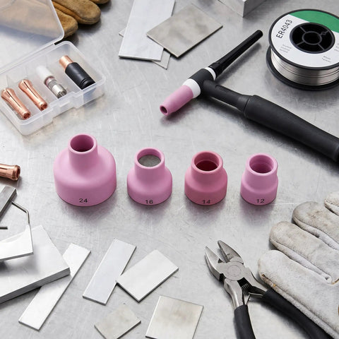 Pro Grade Ceramic Welding Cup Kit 12 14 16 24 Sizes With 2.4mm Center Hole Inner Dia For WP9 Welding Equipment arranged on table