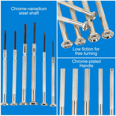 Six Piece Precision Screwdriver Set For Eyeglasses Watches And Electronics with chrome-vanadium steel shaft and chrome-plated handle