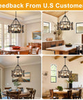 Twenty Inch Five Light Farmhouse Chandelier Featuring Walnut Wood And Matte Black Metal in four dining spaces showcasing versatile styles.