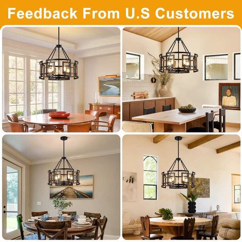 Twenty Inch Five Light Farmhouse Chandelier Featuring Walnut Wood And Matte Black Metal in four dining spaces showcasing versatile styles.
