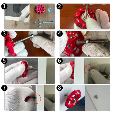 Installation of 4 Pack Vintage Iron Valve Cabinet Knobs And Pulls With Drill Bit, Unique Disc Shaped Metal Handles in Red Finish