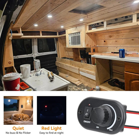 Pro Shop Certified 12V High Side Pwm Dimmer Toggle Switch For Rv Camper Boat And Pickup Trailers in a light wood interior of a van.