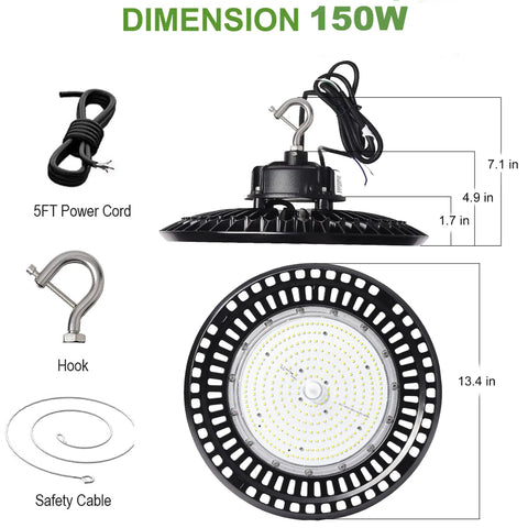 480V UFO LED High Bay Light Workhorse With 100W 120W 150W Selectable Output, dimensions view with power cord and hook