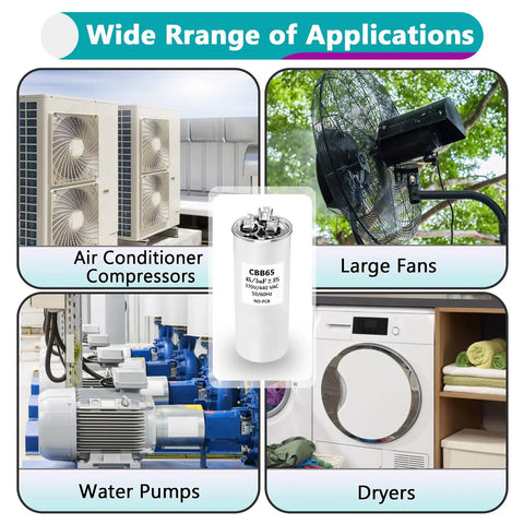 Two Pack 45 Plus 5 MFD Round Dual Motor Run Capacitors 440/370V for air conditioners, fans, pumps, and dryers.