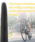 Cyclist riding with 700x25c Road Bike Tire With Inner Tube And Tire Levers, showcasing flat tread for city streets and touring.