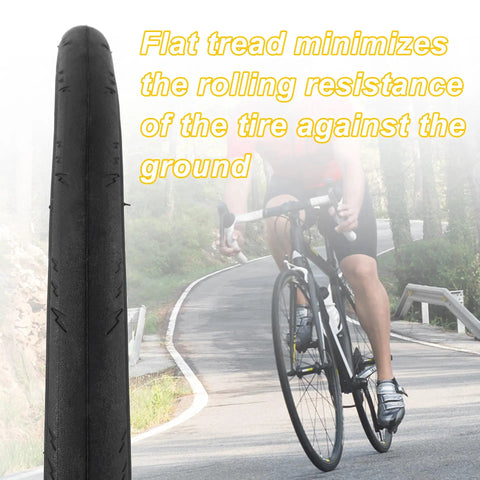 Cyclist riding with 700x25c Road Bike Tire With Inner Tube And Tire Levers, showcasing flat tread for city streets and touring.