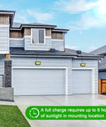 Solar Motion Sensor Outdoor Light Ultra Bright 320 COB LEDs illuminating a garage in daylight, mounted on a wooden house