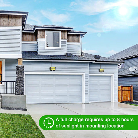 Solar Motion Sensor Outdoor Light Ultra Bright 320 COB LEDs illuminating a garage in daylight, mounted on a wooden house