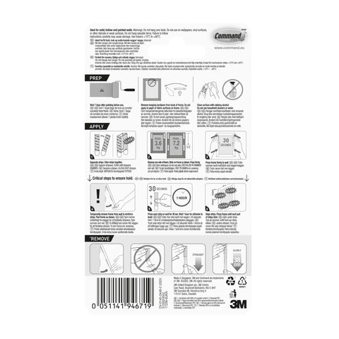 Back of packaging with instructions for Damage Free Picture Hanging Strips For Indoor Use, Holds Up To 12 Lbs, No Nails Or Mess